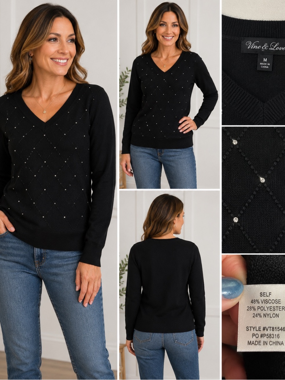Vine & Love Black Rhinestone Argyle Sweater Women’s Medium Soft Knit Pullover